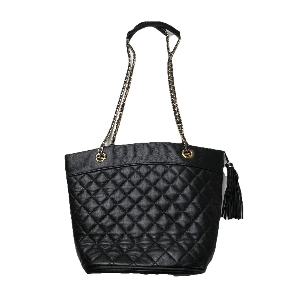 Koret Vintage Black Leather Quilted Shoulder Handbag Tassel Chain Straps